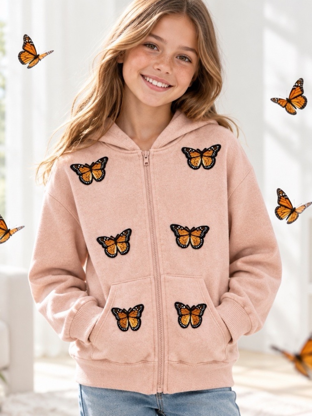 Self Esteem Dusty Peach Monarch Butterfly Zip Hoodie Girls M 10/12